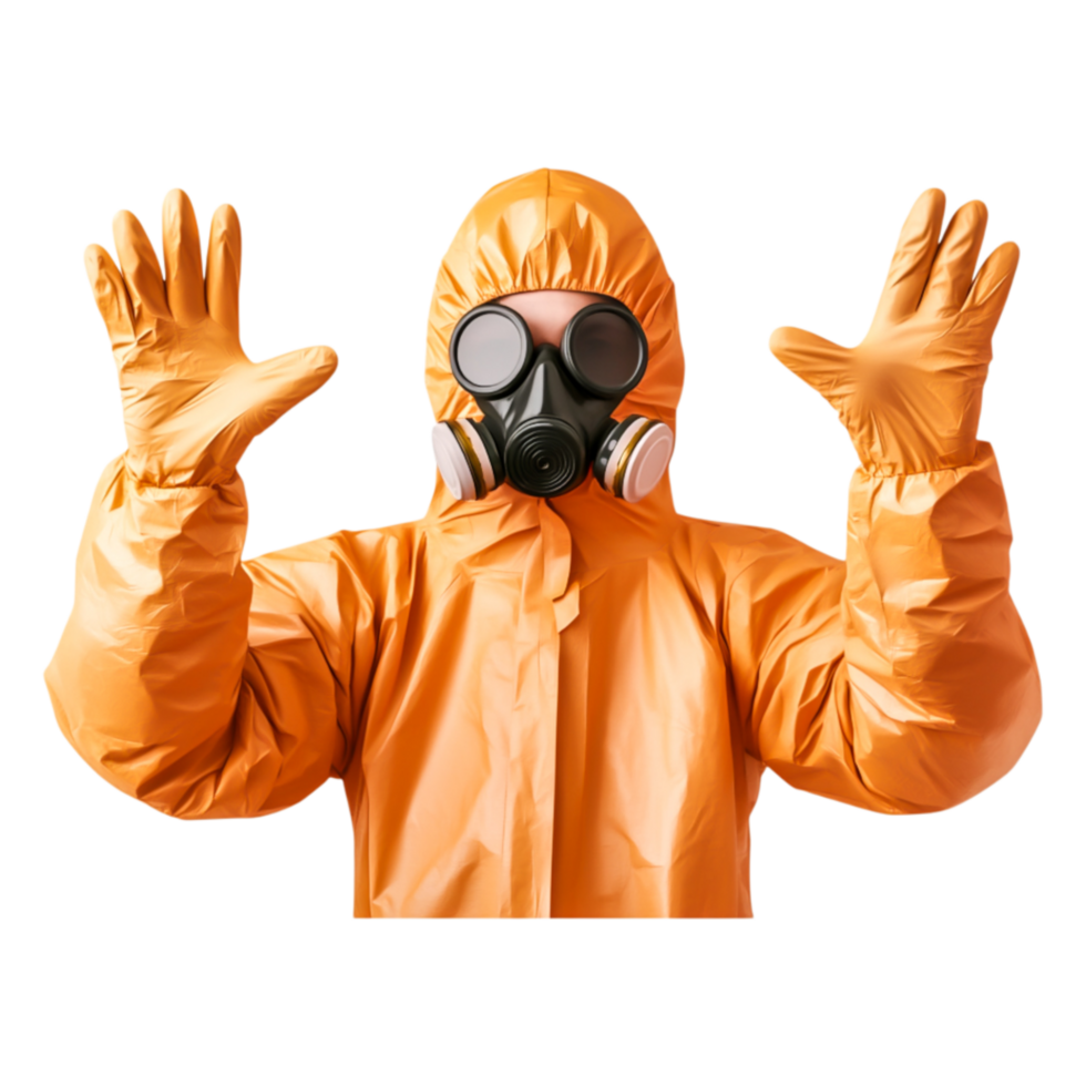 Person in Protective Suit with Gas Mask Against png
