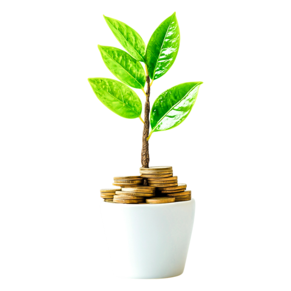 Green Plant Growing from Coins in White Pot on Isolated Background png