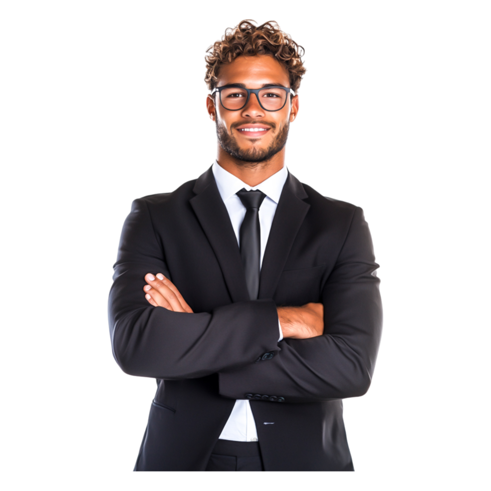 Confident Young Man in Business Suit with Arms Crossed Smiling png