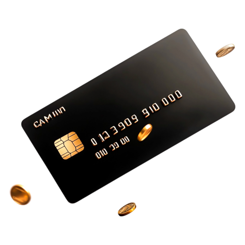 Elegant Black Credit Card with Golden Chip and Coins Floating Above png