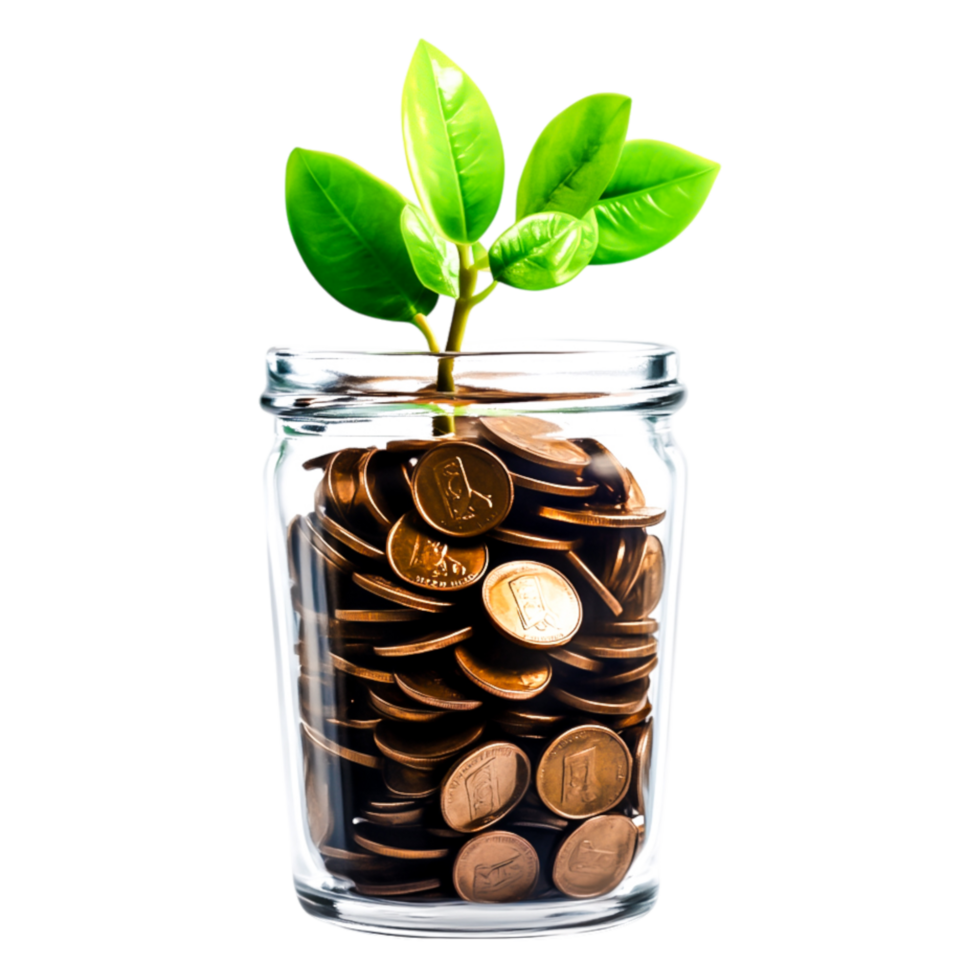 Growth of Savings with Coins and Green Plant in Glass Jar png