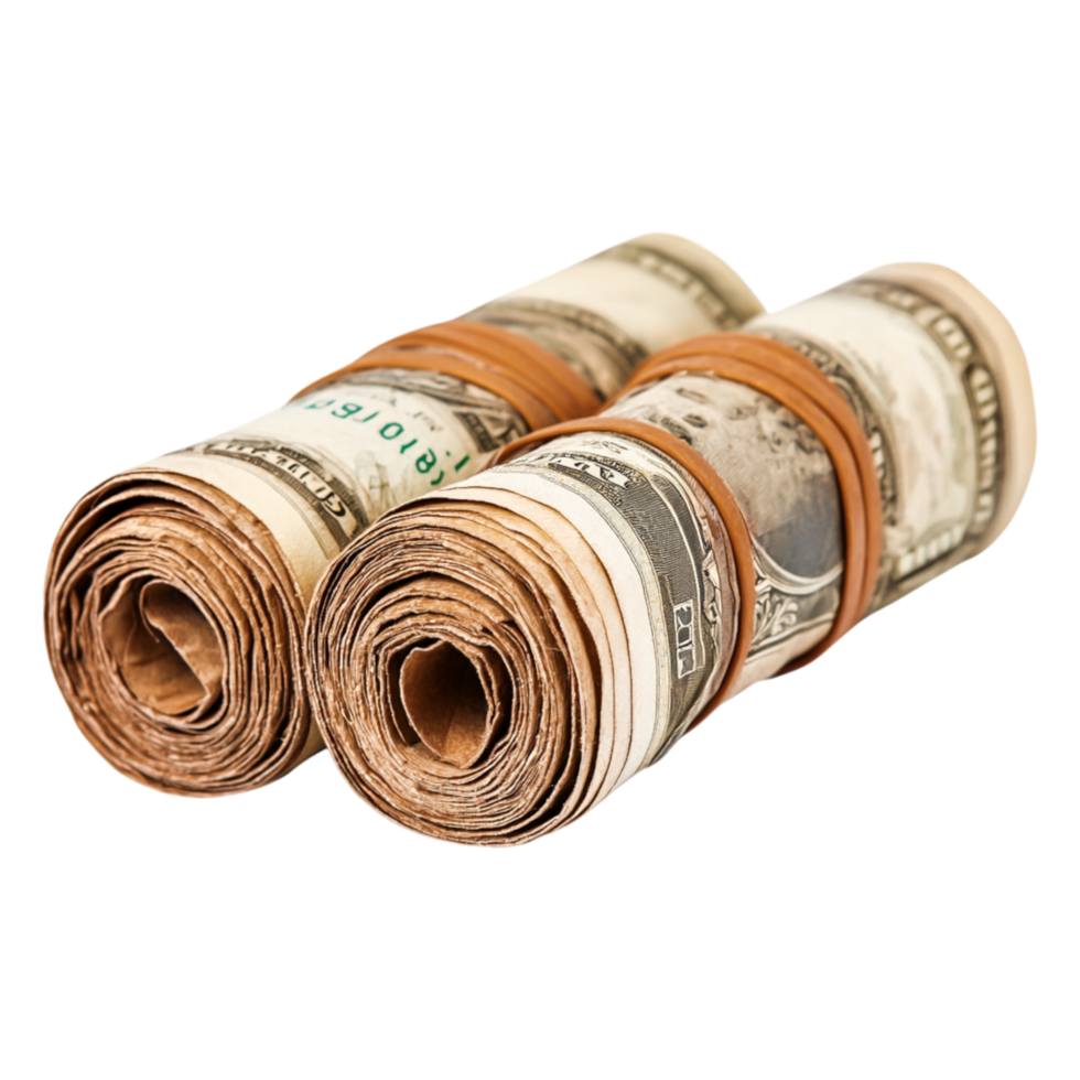 Stacks of Rolled Dollar Bills with Rubber Bands Isolated on White png