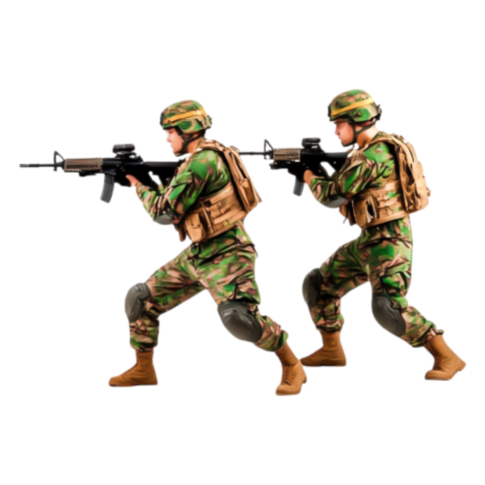 Soldiers in Camouflage Uniform Engaged in Tactical Action Pose png