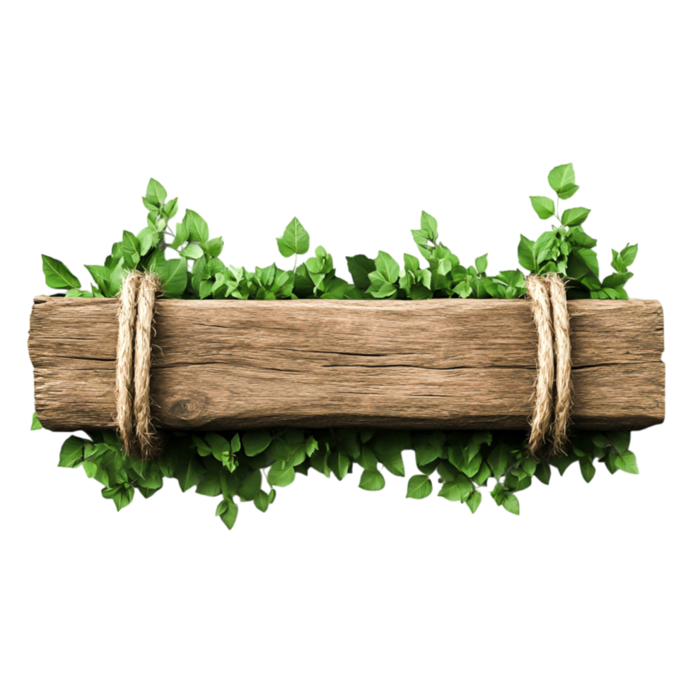 Rustic Wooden Sign Surrounded by Vibrant Green Foliage Decor png