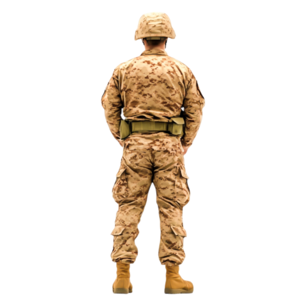 Soldier in Camouflage Uniform Standing Strong in Military Posture png
