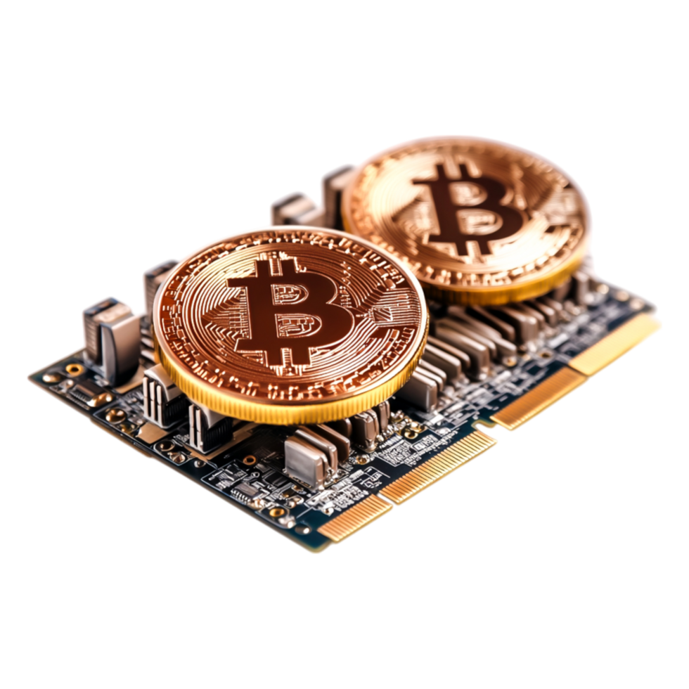 closeup of Golden Bitcoin Coins on Computer Circuit Board png