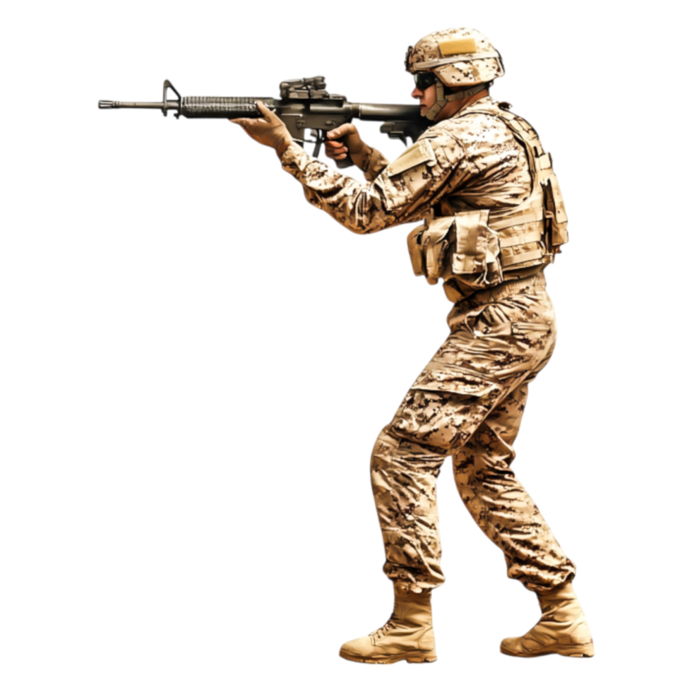 Soldier in Camouflage Uniform Aiming Rifle in Tactical Position png