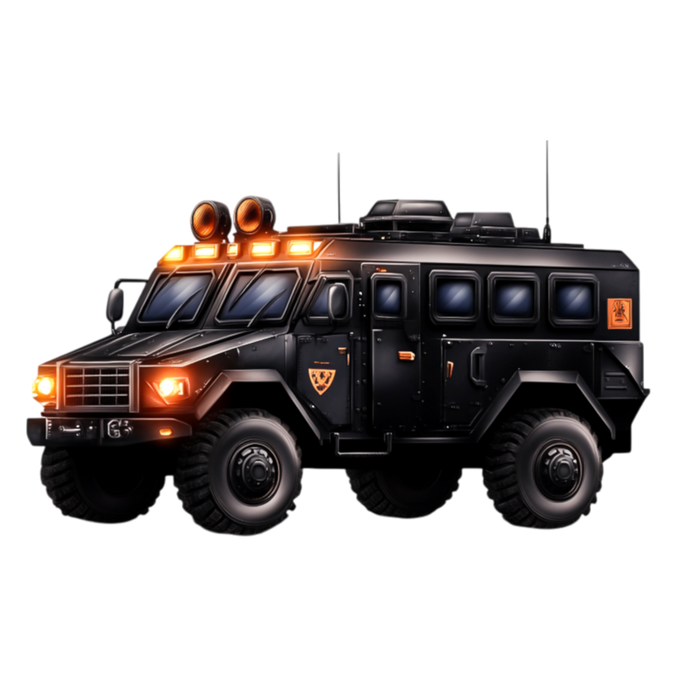 Black Armored Vehicle with Flashing Lights and Rescue Features png