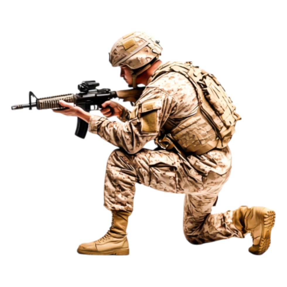 Soldier In Combat Uniform Aiming With Rifle Isolated On png