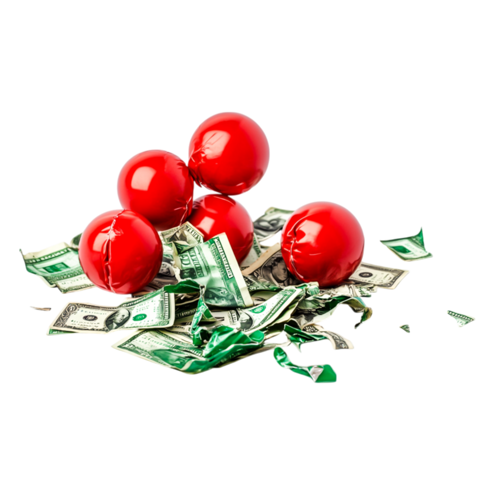 Red Balls on Crumpled Dollar Bills Symbolizing Financial Failure png