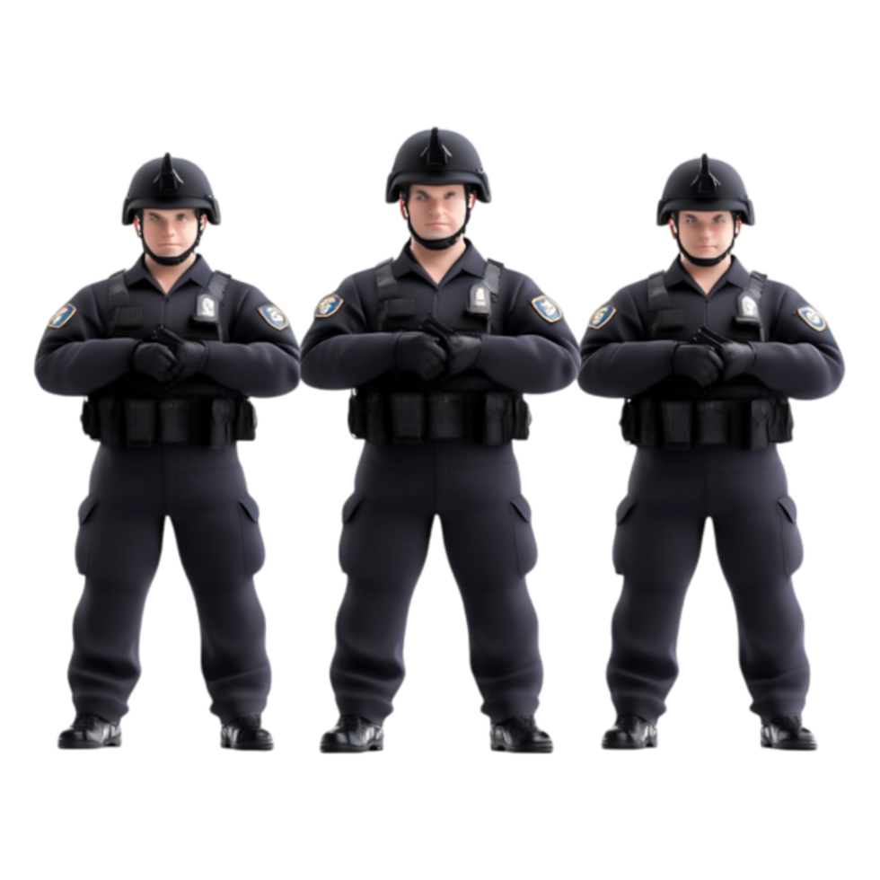 Three Male Cartoon Police Officers Standing in Uniform and Ready png