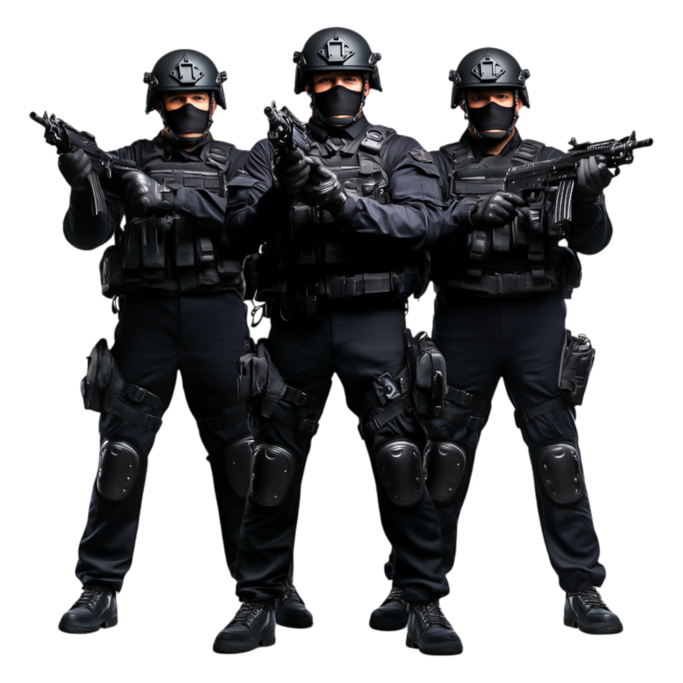 Tactical SWAT Team Members in Full Gear with Firearms png