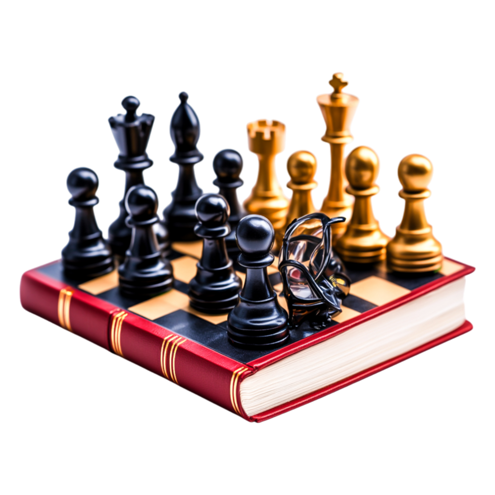 Chess Game Setup on a Book with Black and Gold Pieces Ready to Play png