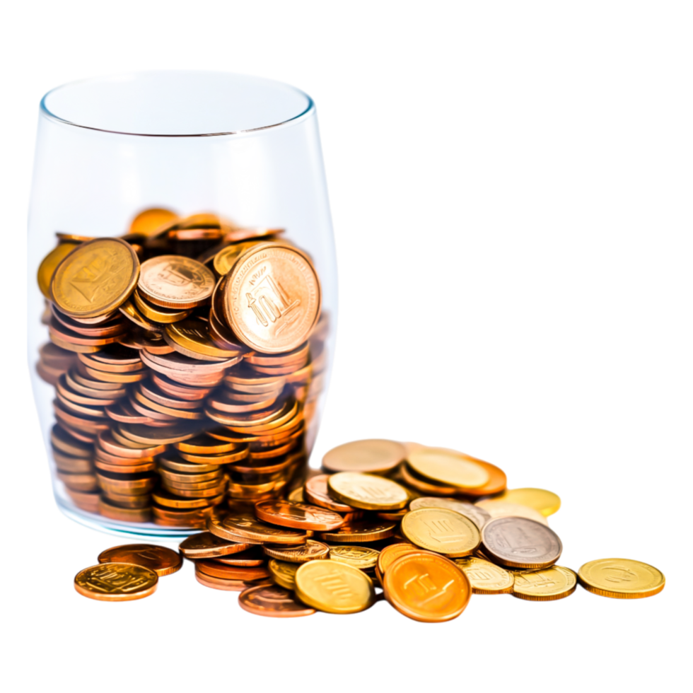 closeup View of Piled Coins in Glass with Some Spilling Out png
