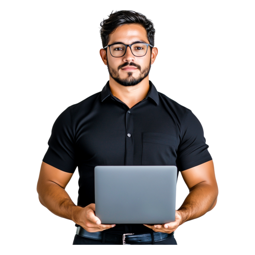 Professional man using laptop in modern workspace with confidence png