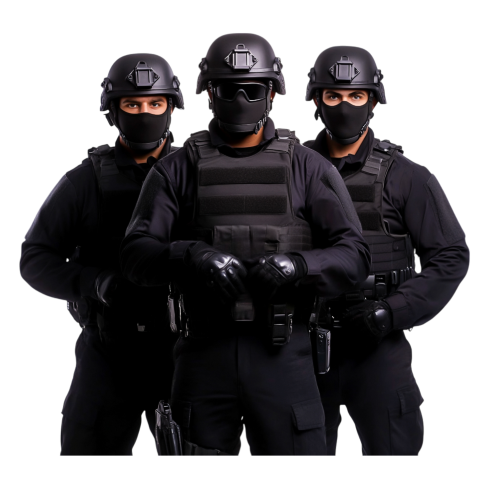 Three Uniformed Tactical Officers in Black Gear Standing Proudly png