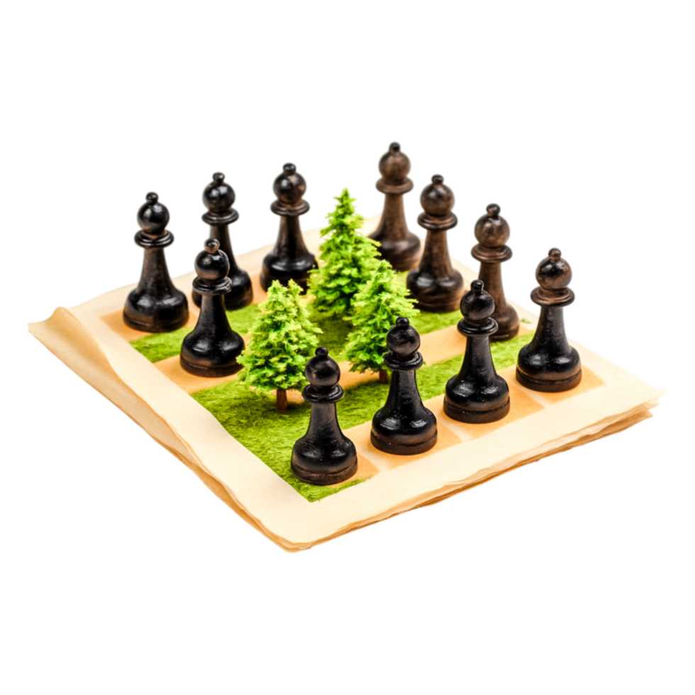 Black chess pieces on a board with miniature green trees detail png