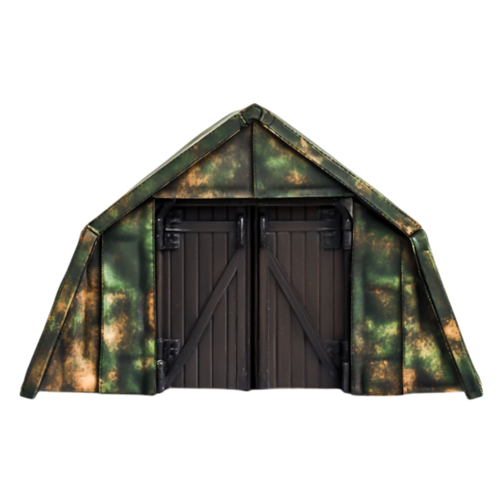 Camouflage Military Tent Front View with Double Doors and Roof png