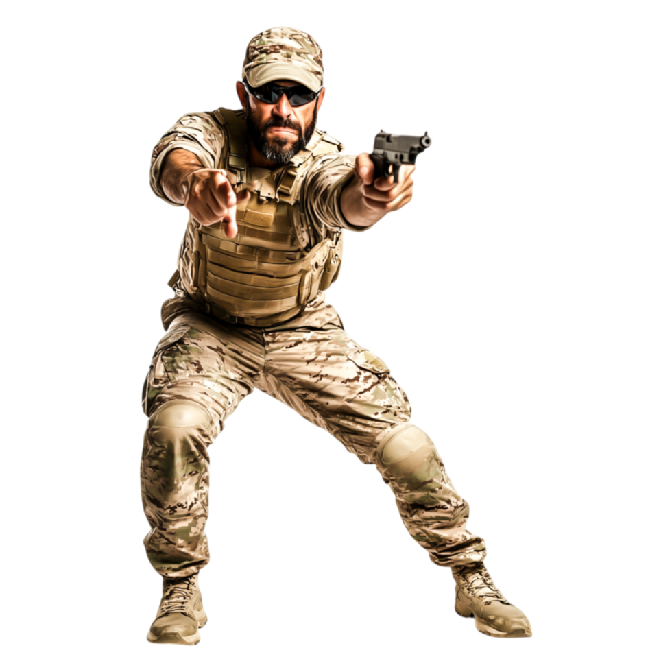 Soldier in Tactical Gear Aiming Pistol in an Action Pose png