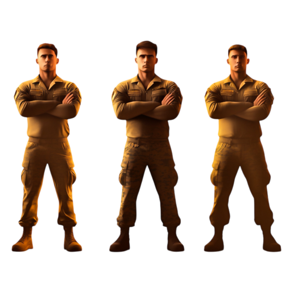 Three Confident Soldiers Standing with Arms Crossed in Uniform png
