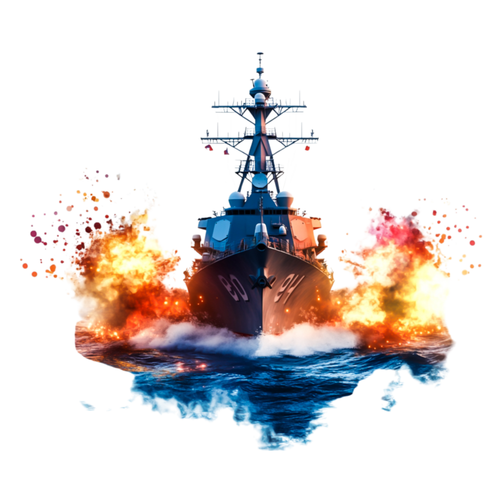 Modern Warship Engaged in Dramatic Naval Battle with Explosions png