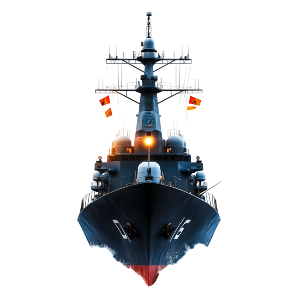 Modern Warship Front View with Mast and Navigation Equipment png