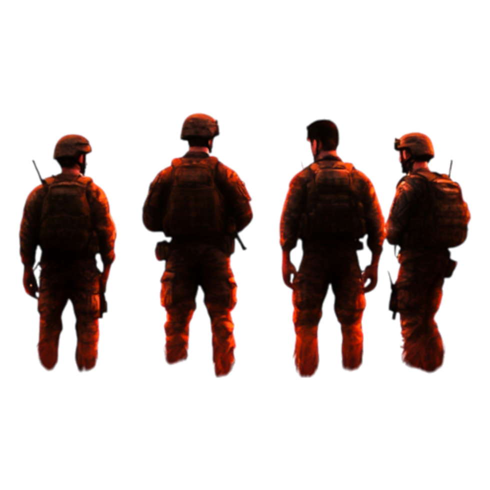 Soldiers in Tactical Gear Standing Back to Back in Dramatic Lighting png