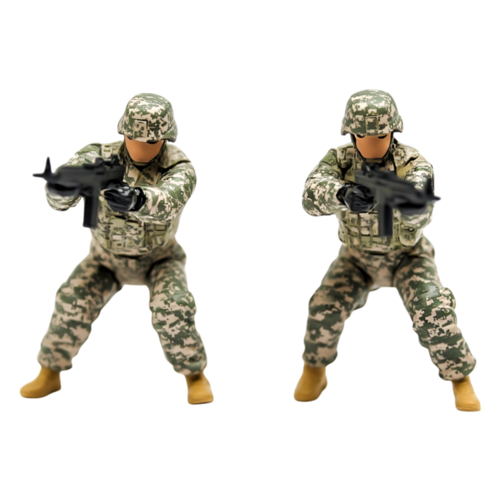 Two Toy Soldiers in Combat Pose with Rifles in Camouflage Uniforms png