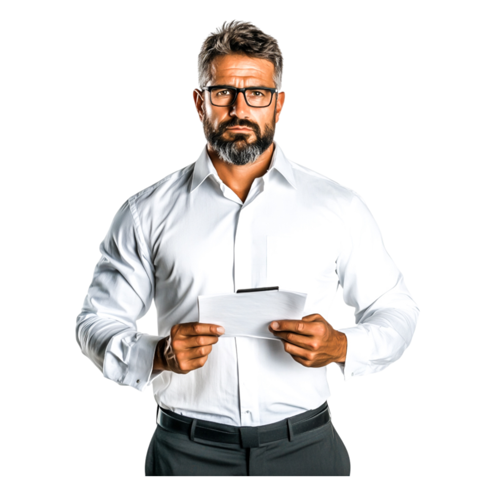 Confident Man Holding Papers in Business Attire with Glasses png