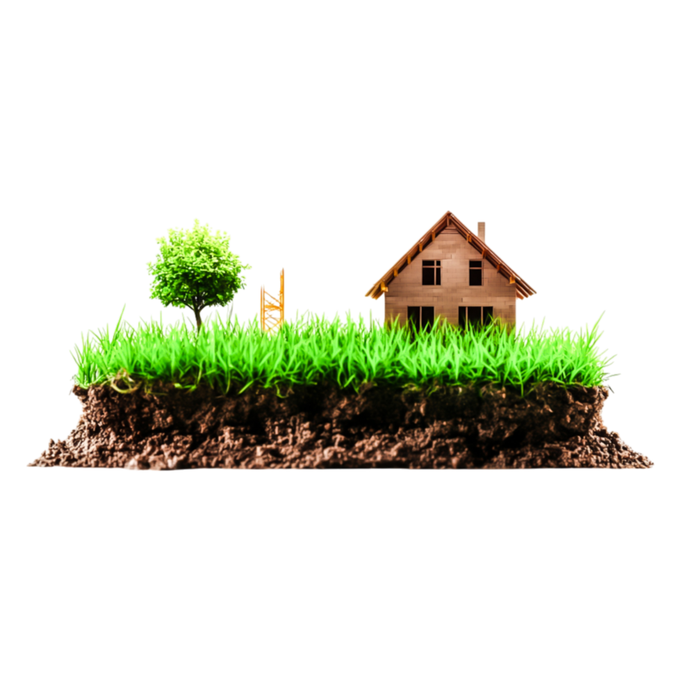 Green Grass Land with Small House and Tree on png