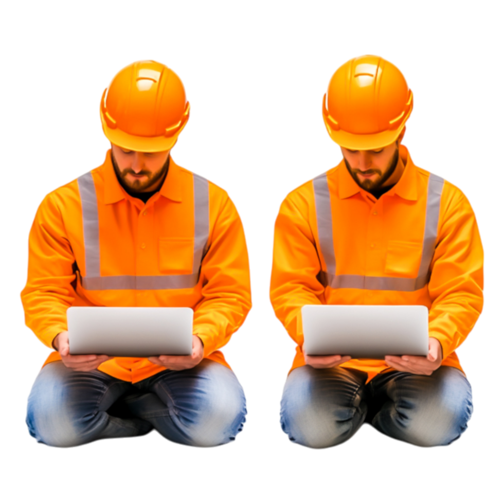Construction Workers in Safety Gear Using Laptops for Project Planning png