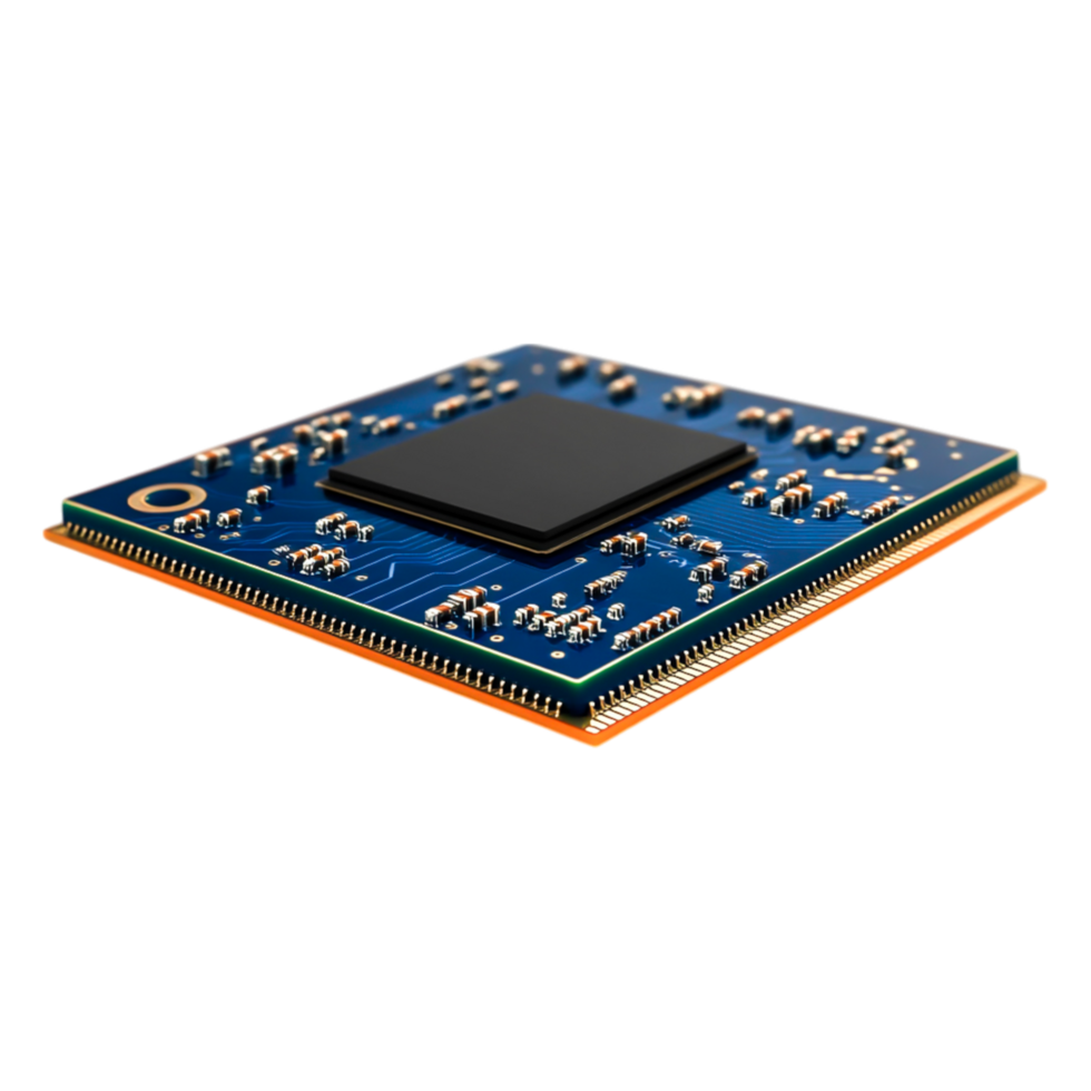 closeup of Computer Microchip with Blue Circuit Board Design png