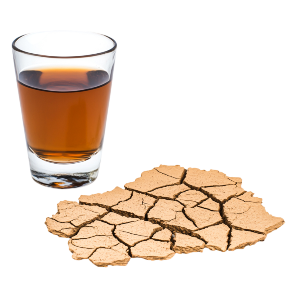 Glass of Dark Drink on Cracked Dry Soil with Texture and Detail png