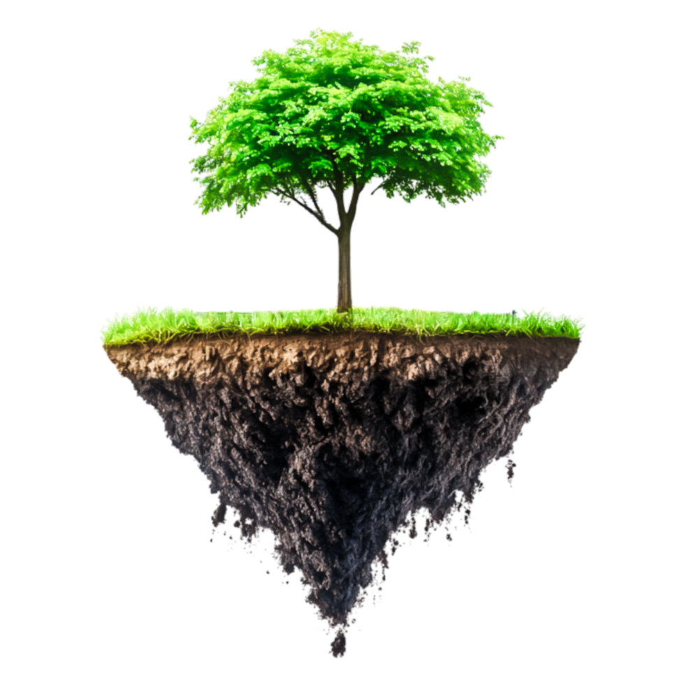 Lush Green Tree Growing on Floating Island with Roots Exposed png