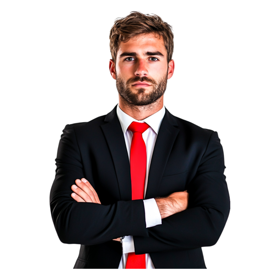 Confident Businessman in Suit with Red Tie Presenting Professional Image png
