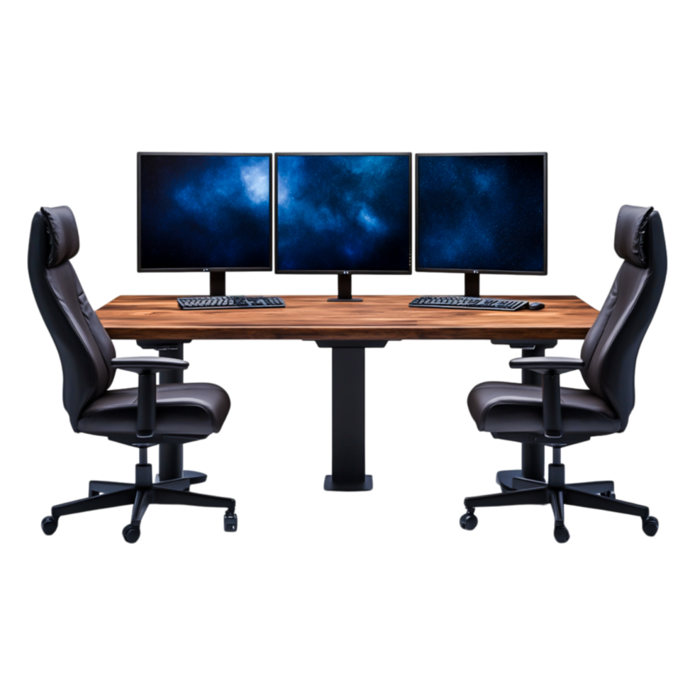 Modern Workspace Setup with Triple Monitors and Ergonomic Chairs png