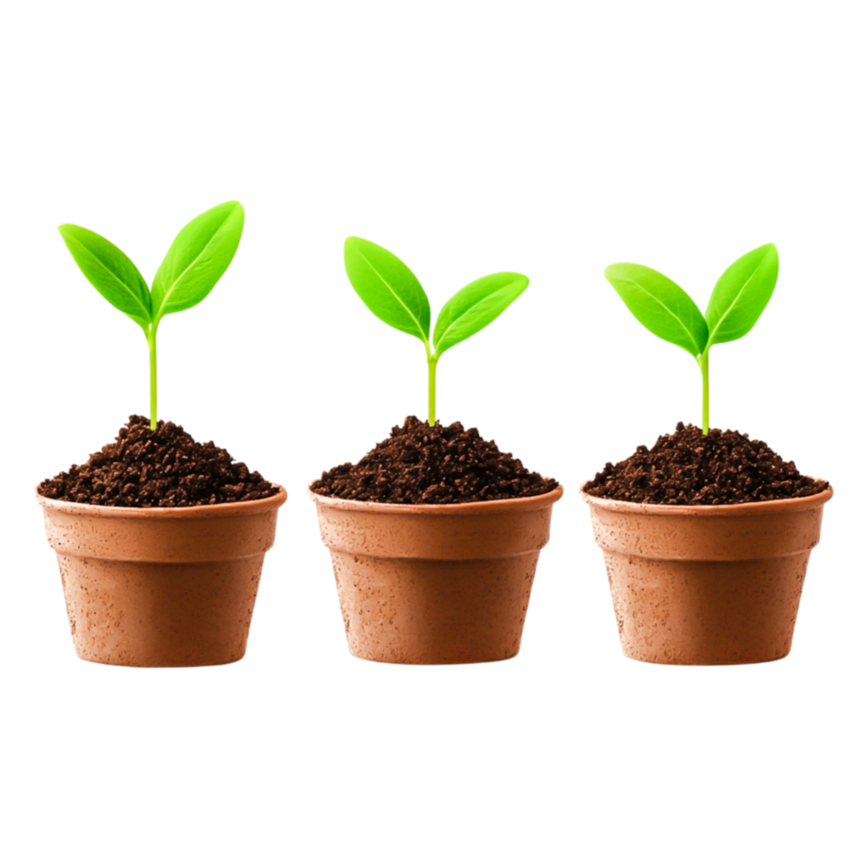 Three Small Green Seedlings Growing in Brown Pots with Soil png
