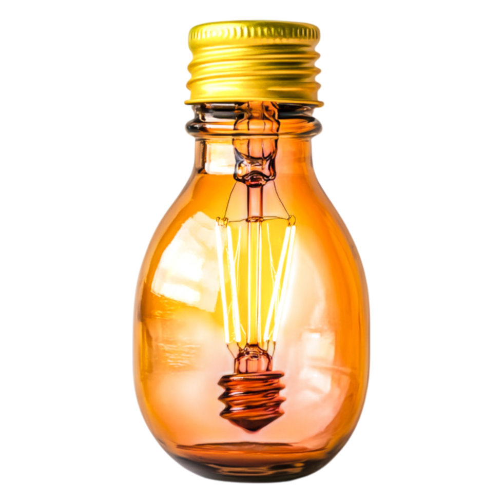 Vintage Glass Light Bulb with Warm Glow and Golden Cap png