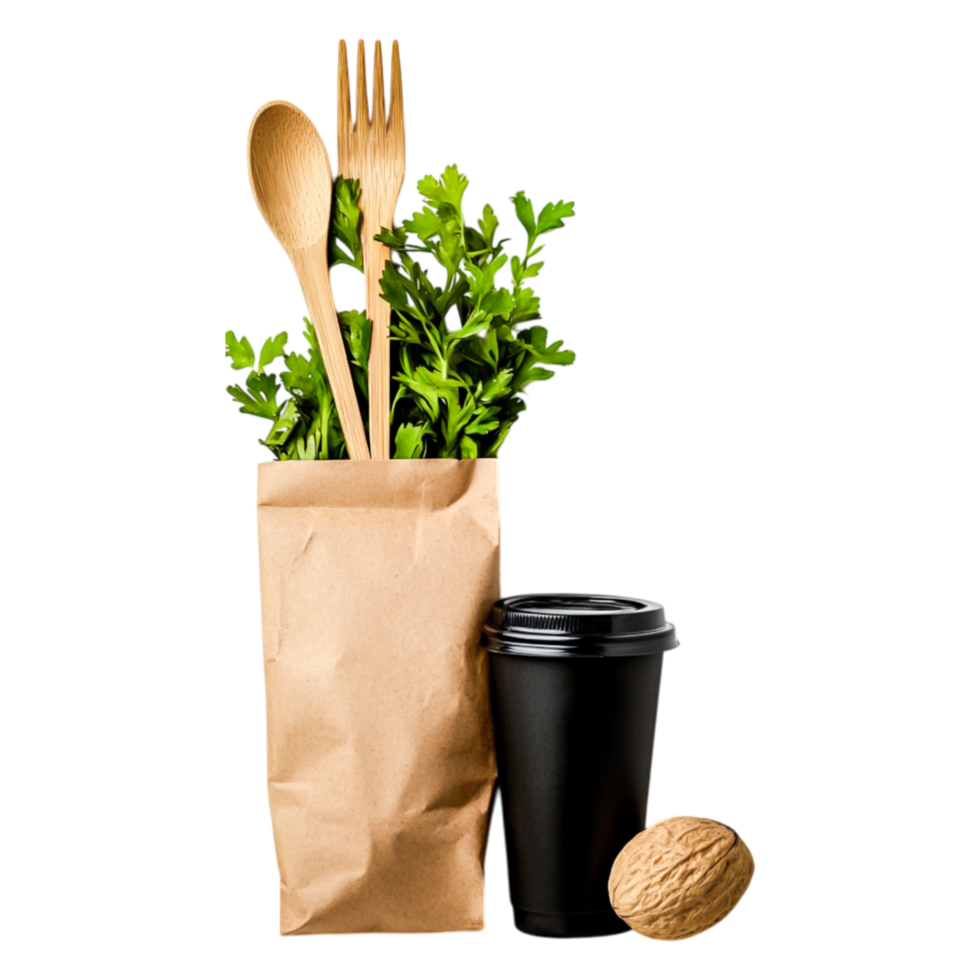 Eco-Friendly Food Packaging with Utensils and Coffee Cup png