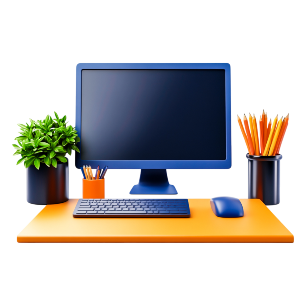 Modern Workspace with Computer, Potted Plants, and Stationery Items png