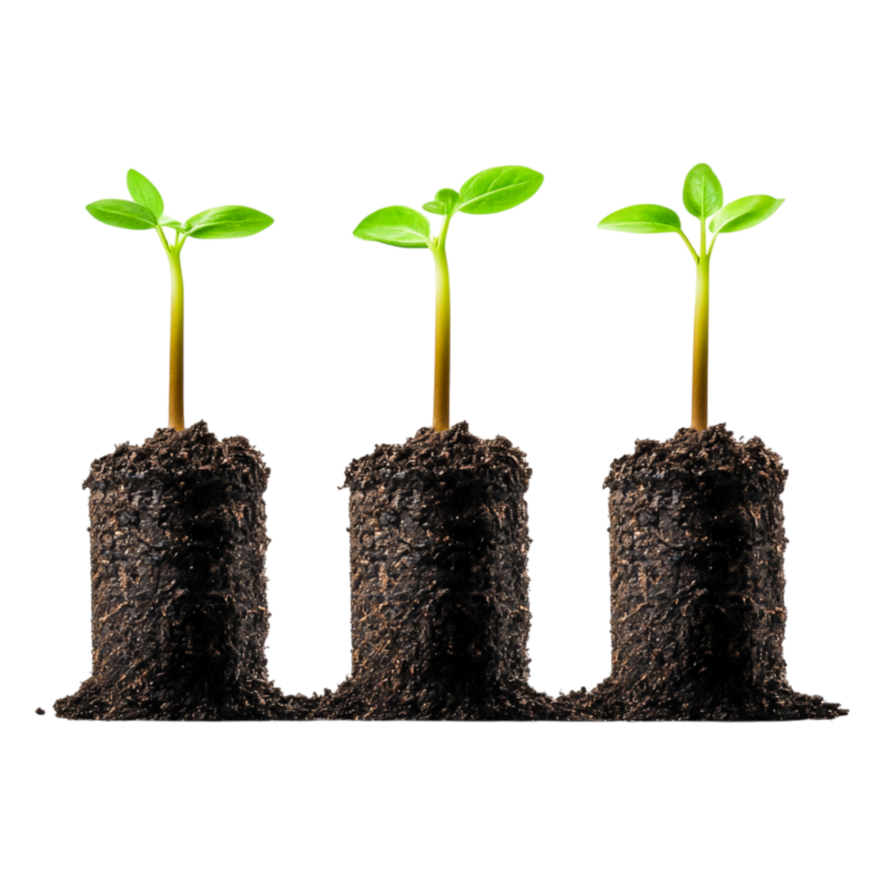 Fresh Green Sprouts Emerging from Rich Dark Soil in Rows png