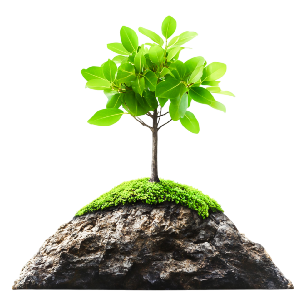Lush Green Tree on Rocky Base Surrounded by Vibrant Green Moss png