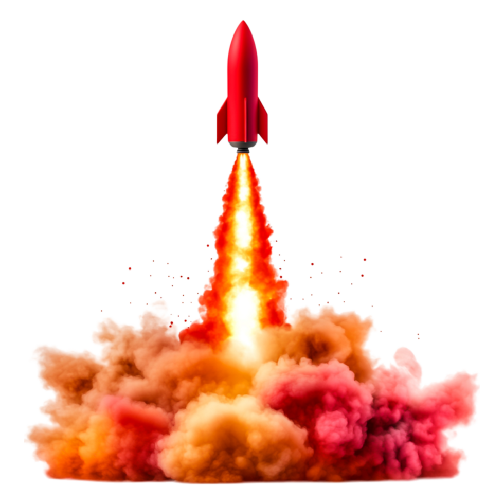 Vibrant Rocket Launch with Explosive Flames and Colorful Smoke png