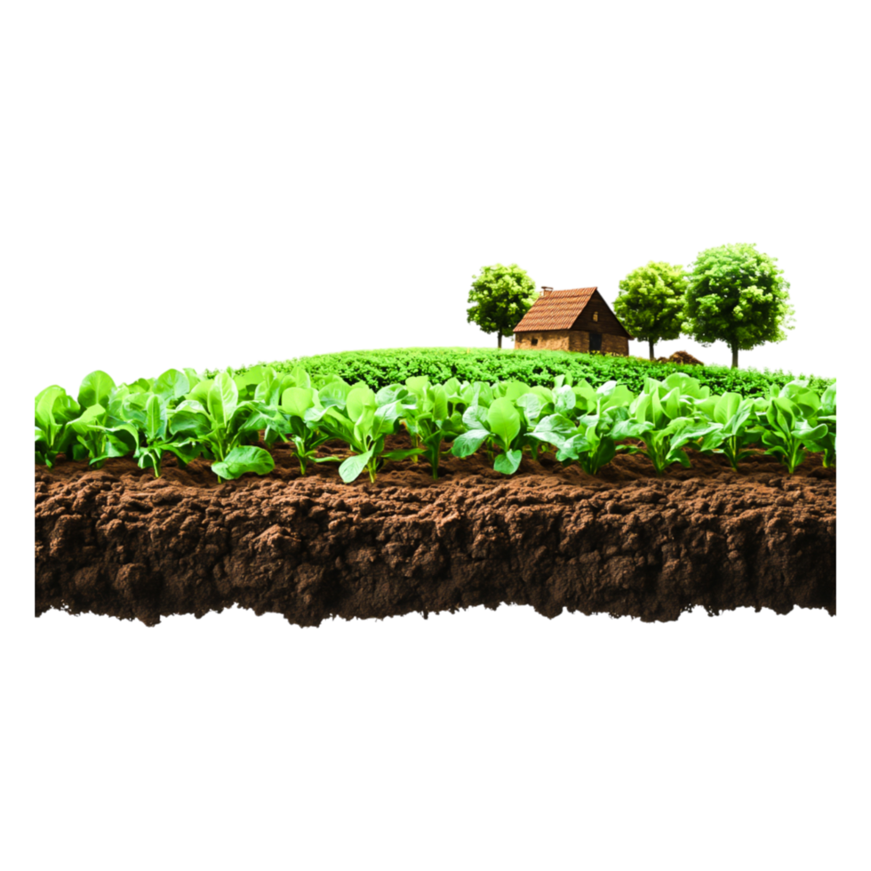 Lush Green Fields with Farmhouse and Trees in Sunny Landscape png