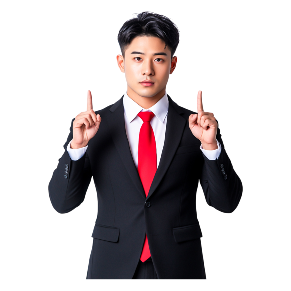 Businessman in Suit with Red Tie Pointing Up with Both Hands png