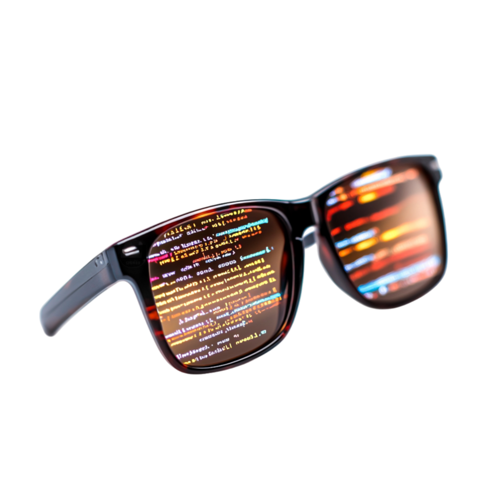 Stylish Sunglasses with Reflections of Colorful Coding Text png