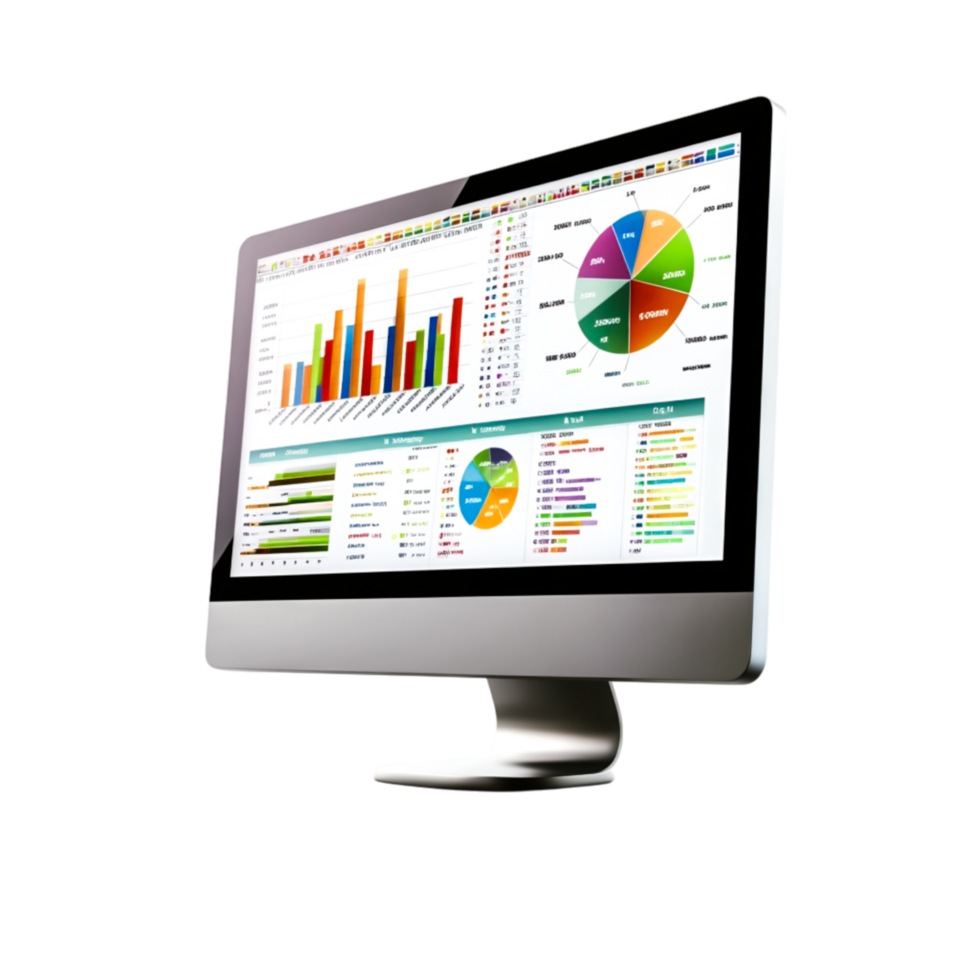 Colorful Data Visualizations on Computer Screen with Graphs and Charts png