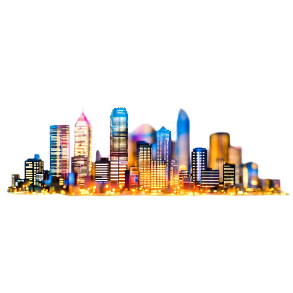 Colorful City Skyline at Night with Bright Lights and Vibrant Glow png
