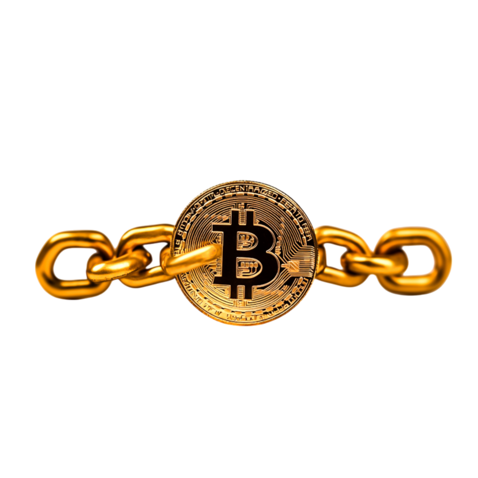 Golden Bitcoin Coin with Chain Symbolizing Cryptocurrency Wealth png