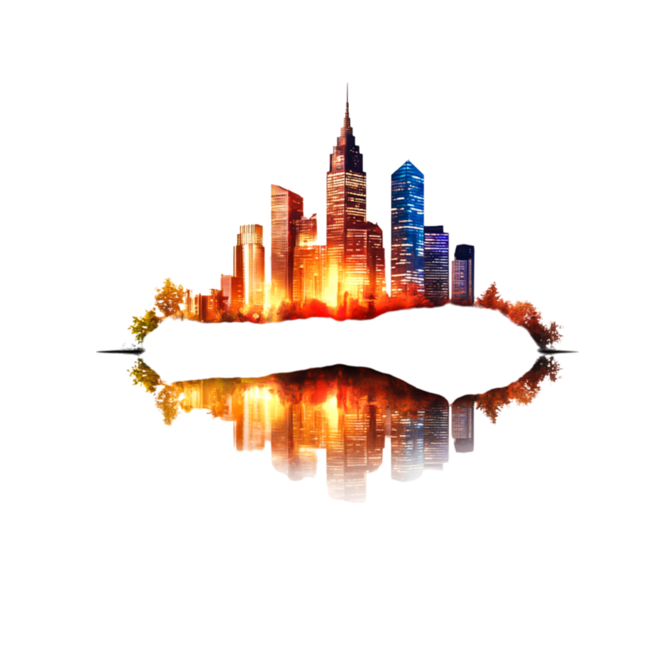 Vibrant Urban Skyline Reflection at Dusk with Colorful Lights png